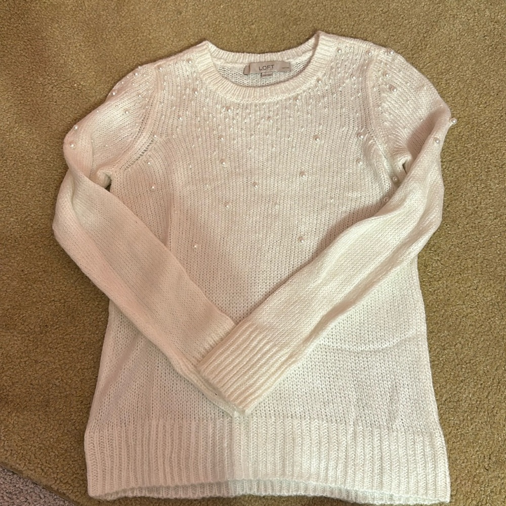 LOFT Pearl Embellished White Sweater